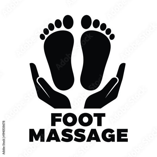 A graphic depiction shows two black footprints above a pair of open hands with the text foot massage displayed below high quality professional detailed