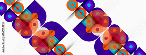 Abstract pattern features purple shapes, orange circles, teal accents. Repeating design creates dynamic visual texture. Simple geometry dominates composition.