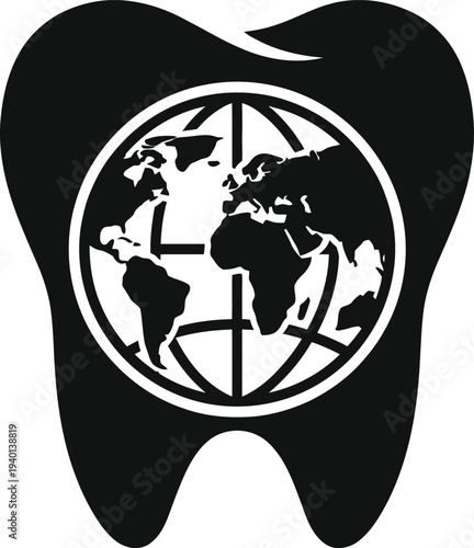 A professional black tooth silhouette featuring a world map globe in the center. Ideal for global dental health campaigns, international dentistry branding, and World Oral Health Day promotion.