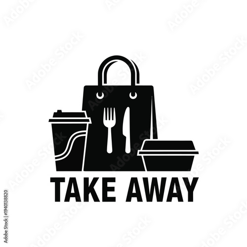 A black silhouette depicts a takeout bag with a drink cutlery and container accompanied by the text take away high quality professional detailed modern