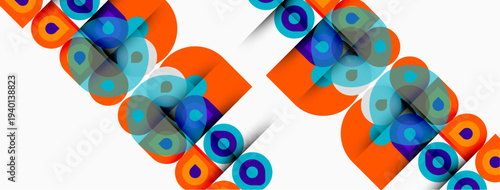Abstract geometric pattern. Orange, blue, turquoise shapes overlap creating dynamic visual texture. Minimalist design, clean lines, modern aesthetic.
