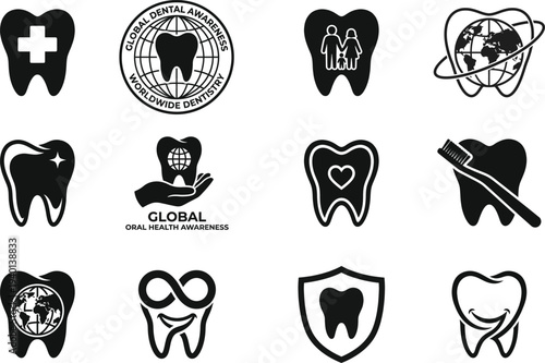 Set of dental care and oral health awareness vector icons. Flat black tooth silhouettes featuring globe, toothbrush, family, heart, and dental shield symbols for clinic branding and global dentistry c