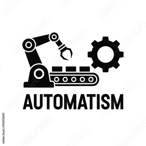 A black silhouette depicts robotic automation featuring a mechanical arm conveyor belt gear and the word automatism high quality professional detailed modern elegant stylish
