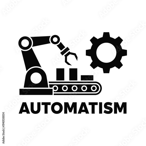 A black silhouette depicts a robotic arm assembling blocks on a conveyor belt alongside a gear representing automation high quality professional detailed modern elegant