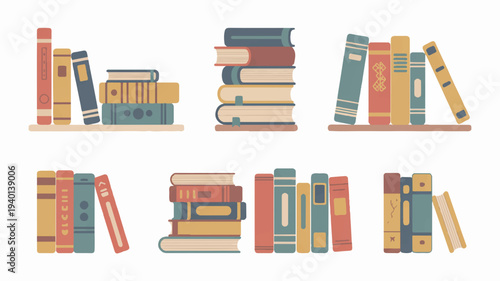 Colorful book stacks in various arrangements on shelves and on the floor in a library or study setting with white background