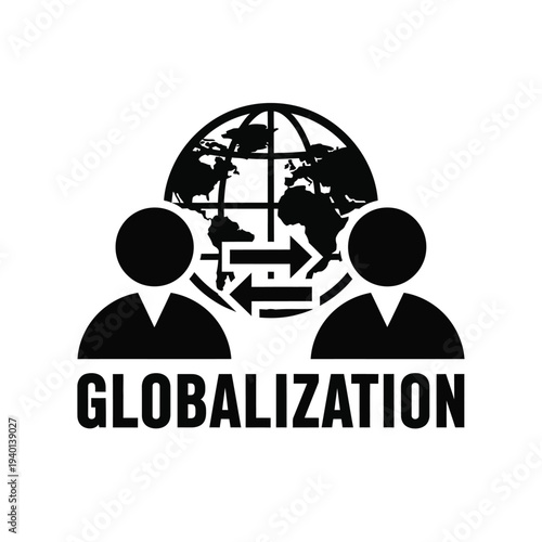 A black and white graphic depicts two figures connected by an arrow intersecting with a globe symbolizing globalization high quality professional detailed modern elegant stylish clean