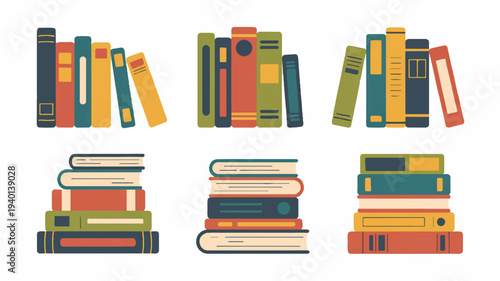 Colorful stacked books illustrations in various arrangements on white background for educational or library themes