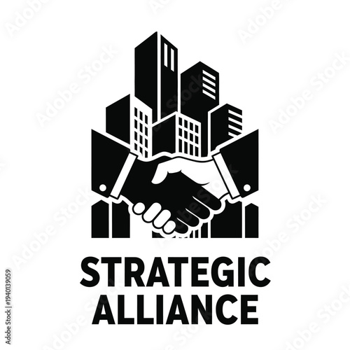 A black and white graphic depicts a handshake in front of a silhouetted cityscape symbolizing a strategic alliance or partnership high quality professional detailed modern elegant