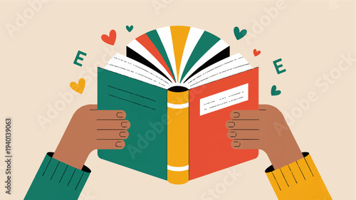 Hands holding colorful book with hearts and letters floating around symbolizing knowledge love and learning in a vibrant flat design illustration