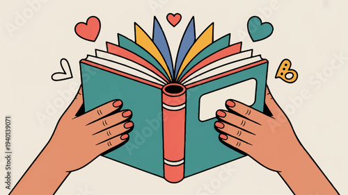 Hands holding open book with colorful pages and hearts floating around symbolizing love for reading and learning