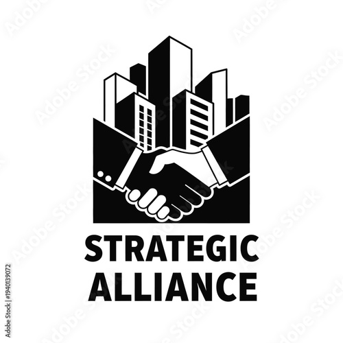 A striking black and white graphic depicts a handshake beneath a silhouetted cityscape symbolizing a strategic alliance and partnership high quality professional detailed modern elegant stylish