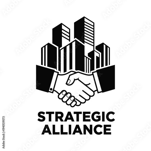 A graphic depiction shows a handshake superimposed over a silhouetted cityscape accompanied by the text strategic alliance below high quality professional detailed modern elegant