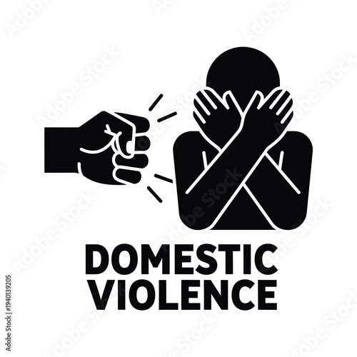 A stark black silhouette depicts a violent act showing a fist approaching a person shielding their face alongside text high quality professional detailed modern