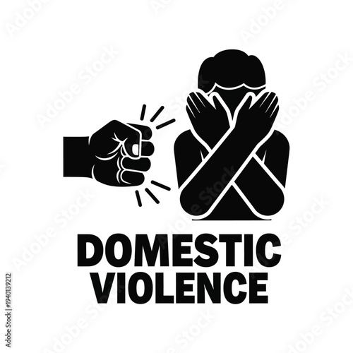 A stark black silhouette depicts a fist poised to strike a person covering their face conveying the severity of domestic violence high quality professional
