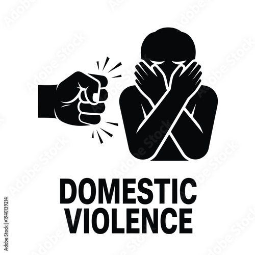 A stark black silhouette depicts a person shielding their face from an approaching fist symbolizing domestic violence and abuse high quality professional detailed modern