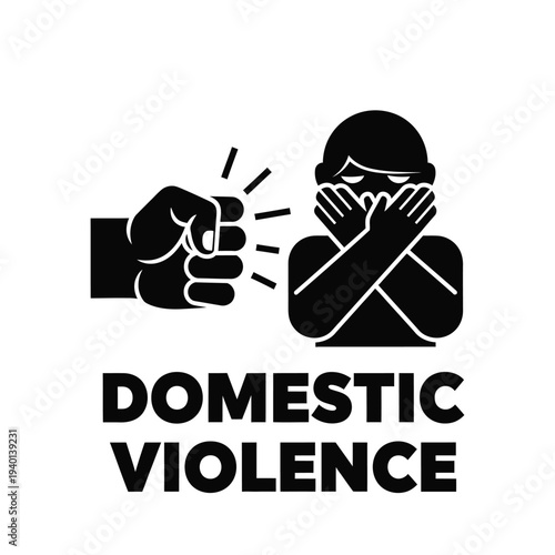 A stark black silhouette depicts a violent act showing a fist poised to strike and a person shielding their face in fear high quality