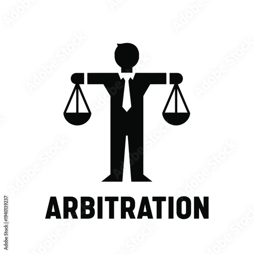 A stark black silhouette depicts a person holding balanced scales symbolizing arbitration and legal fairness with text below high quality professional detailed modern elegant