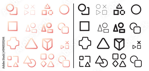 abstract geometric shapes icon set vector illustration, circle square triangle cube gradient outline symbols