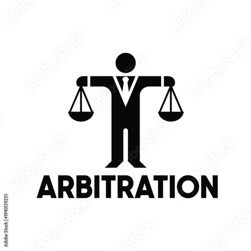 A stark black and white graphic depicts a figure holding balanced scales symbolizing arbitration and the concept of justice high quality professional detailed modern
