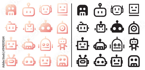 cute robot head icon set vector illustration, ai chatbot avatar gradient outline technology symbols dual modal icon set