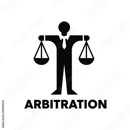 A stark black silhouette depicts a person holding balanced scales symbolizing arbitration justice and legal decision making high quality professional detailed modern elegant stylish clean