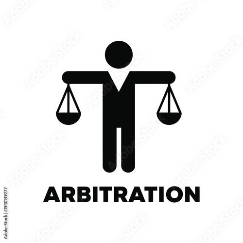 A stark black silhouette depicts a figure holding scales of justice symbolizing arbitration with the word arbitration below high quality professional detailed modern elegant