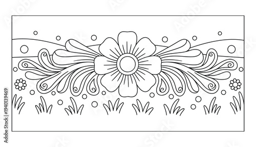 Flower coloring page with decorative ornamental bloom and scenic border design