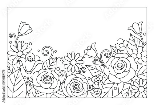  Flower coloring page with decorative floral border and botanical outline art