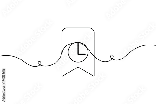 Time management bookmark sign icon continuous one line drawing on white background minimalist reminder clock symbol outline vector illustration