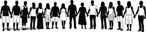 Diverse community silhouettes holding hands in unity line, men women and children standing together symbolizing solidarity, equality, teamwork, friendship and social support concept