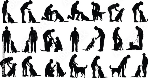 Dog training and bonding silhouettes set, people interacting with dogs, pet care, obedience training, companionship and human animal relationship illustration