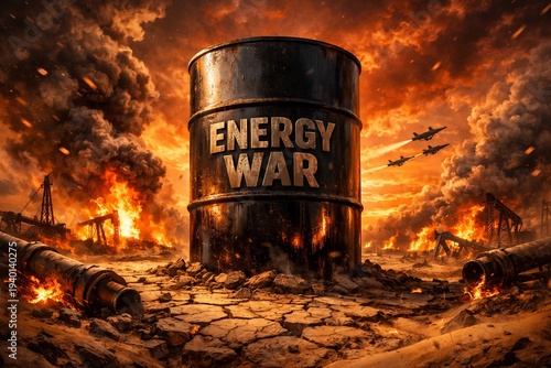 Wallpaper Mural Oil barrel on fire with 'energy war' text amidst a war torn landscape with planes and burning buildings Torontodigital.ca