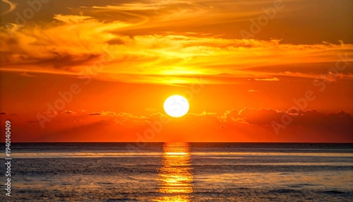 地平線に沈む大きな夕陽と海面に映る黄金の光のドラマチックな風景写真