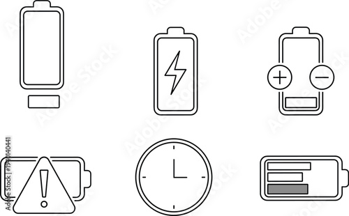 Vector illustration set of battery icons showing charging, low power, polarity, warning, time usage, and energy level status indicators
