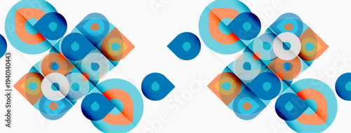 Abstract geometric pattern. Overlapping circles, squares create dynamic visual texture. Blue, orange hues dominate composition.
