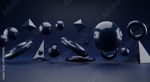 Minimalist, dark, reflective spheres and geometric shapes composition