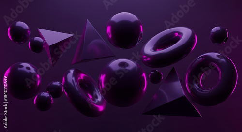 Abstract 3D rendering of spheres and geometric shapes in purple.