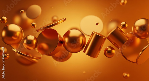 Gold spheres and cylinders floating in a dynamic 3D space