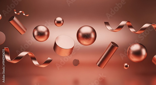 Three-dimensional copper shapes floating against a seamless red background