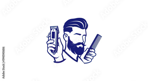 Stylish Barber Holding Clippers and Comb, Retro Haircut Service Icon