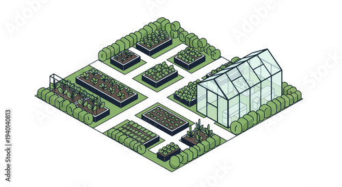 Isometric garden design with greenhouse, raised beds, and diverse plants