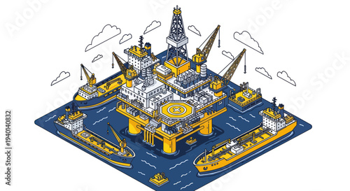 Offshore Oil Rig Platform with Support Ships in the Ocean, Industrial Marine Scene