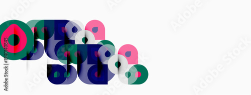 Abstract colorful overlapping circles, shapes create dynamic composition. Minimalist design, modern aesthetic, vibrant hues present.