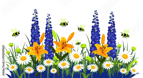 Spring Garden Border with Lilies, Daisies, Delphiniums and Bees