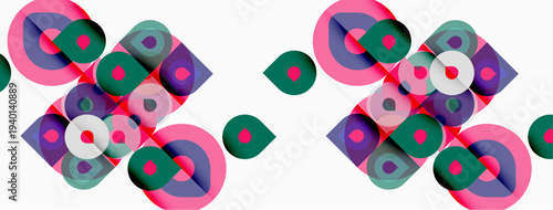Abstract geometric pattern. Overlapping circles, squares create colorful design. Pink, green, blue hues dominate composition. Repetitive motif.