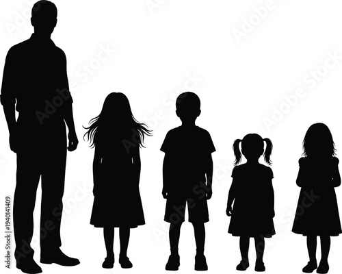 Family silhouettes with father and children standing together vector illustration parent and kids group isolated black people figures collection