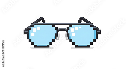 Retro pixel art blue aviator sunglasses icon isolated on white background