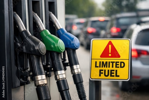 Wallpaper Mural Gas pumps with limited fuel sign at a busy station with cars lined up Torontodigital.ca