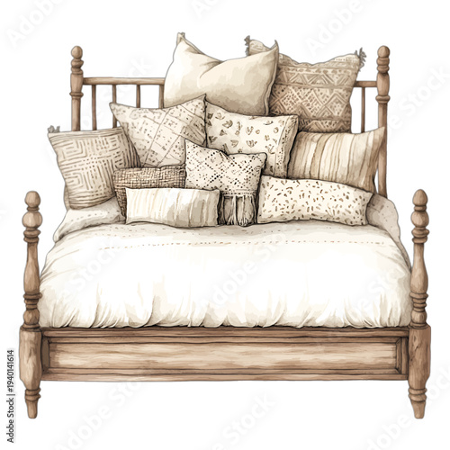 Watercolor Boho Wooden Bed Illustration with Pile of Textured Pillows