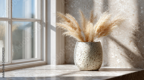 A speckled ceramic vase with fluffy pampas grass on a pale stone countertop, bathed in warm sunlight by a window. Concept Speckled ceramic vase, Pampas grass, Pale stone countertop